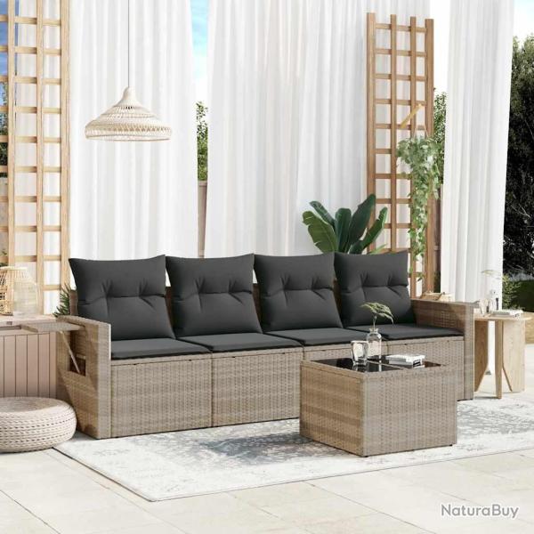 Salon de jardin 5 pcs avec coussins gris clair r�sine tress�e