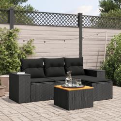 Salon de jardin 5 pcs avec coussins noir r&eacute;sine tress&eacute;e