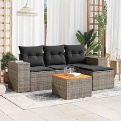 Salon de jardin 5 pcs avec coussins gris r&eacute;sine tress&eacute;e