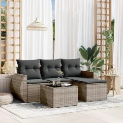 Salon de jardin 5 pcs avec coussins gris r&eacute;sine tress&eacute;e