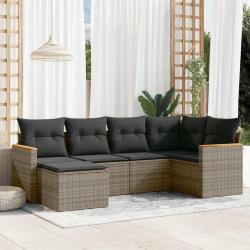 Salon de jardin 6 pcs avec coussins gris r&eacute;sine tress&eacute;e