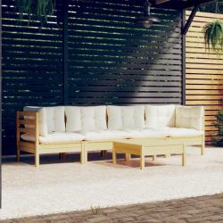 Salon de jardin 5 pcs avec coussins cr&egrave;me bois de pin massif