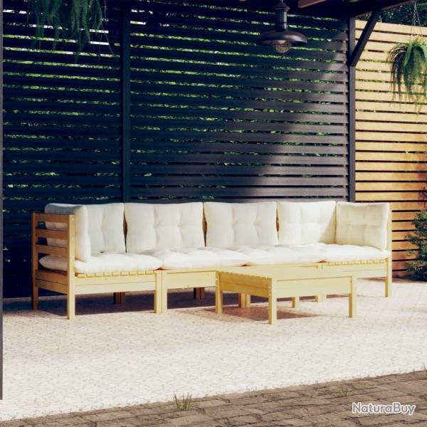 Salon de jardin 5 pcs avec coussins cr�me bois de pin massif