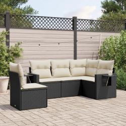 Salon de jardin 5 pcs avec coussins noir r&eacute;sine tress&eacute;e
