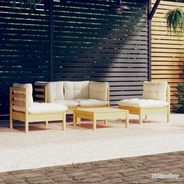 Salon de jardin 5 pcs avec coussins cr�me bois de pin massif