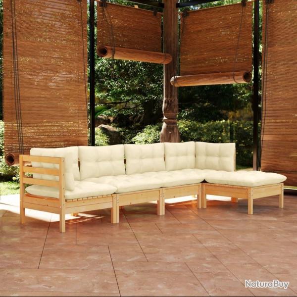 Salon de jardin 5 pcs avec coussins cr�me bois de pin