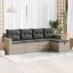 Salon de jardin 5 pcs avec coussins gris clair r&eacute;sine tress&eacute;e