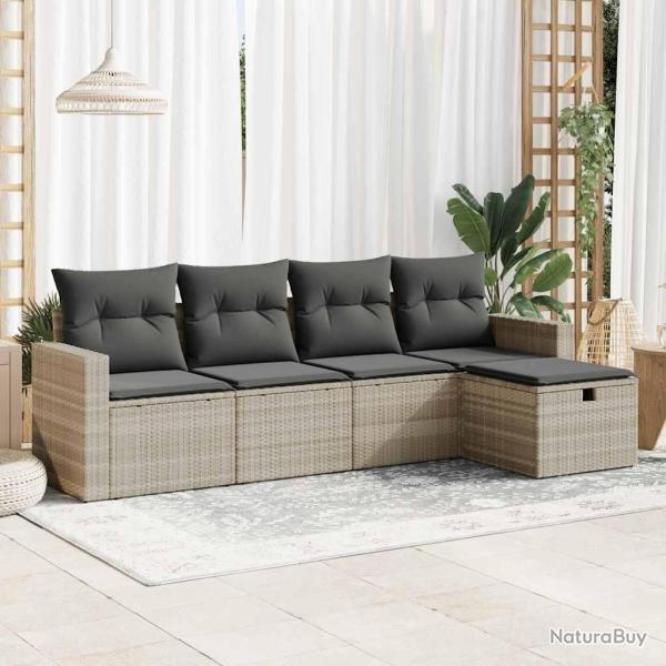 Salon de jardin 5 pcs avec coussins gris clair r�sine tress�e