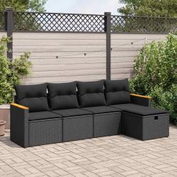 Salon de jardin 5 pcs avec coussins noir r&eacute;sine tress&eacute;e