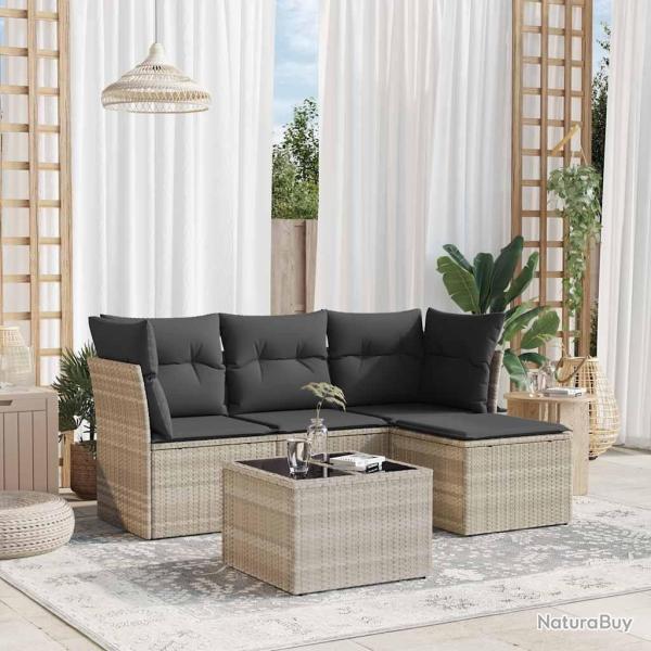 Salon de jardin 5 pcs avec coussins gris clair r�sine tress�e