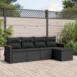 Salon de jardin 5 pcs avec coussins noir r&eacute;sine tress&eacute;e