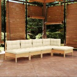 Salon de jardin 5 pcs avec coussins cr&egrave;me bois de pin