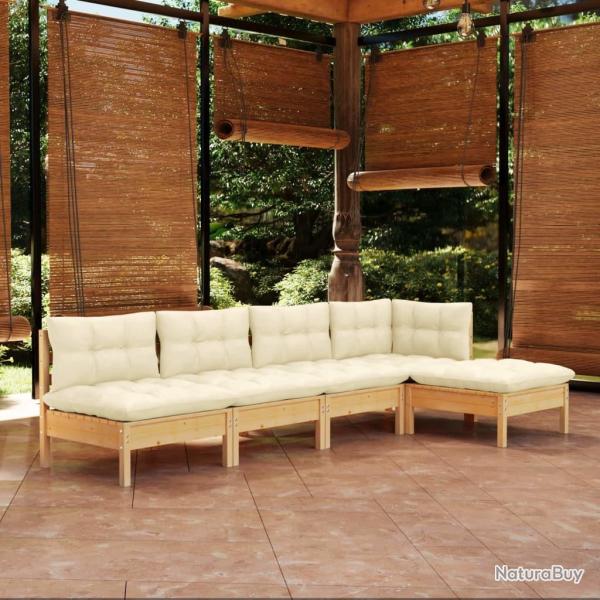 Salon de jardin 5 pcs avec coussins cr�me bois de pin alsavelo