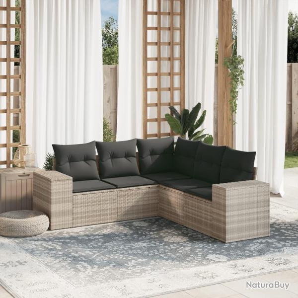Salon de jardin 5 pcs avec coussins gris clair r�sine tress�e