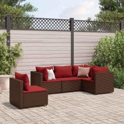 Salon de jardin 5 pcs avec coussins Marron R&eacute;sine tress&eacute;e