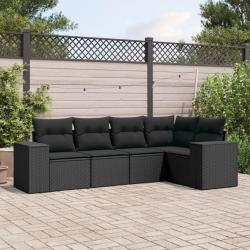 Salon de jardin 5 pcs avec coussins noir r&eacute;sine tress&eacute;e