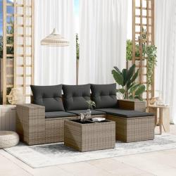 Salon de jardin 5 pcs avec coussins gris r&eacute;sine tress&eacute;e