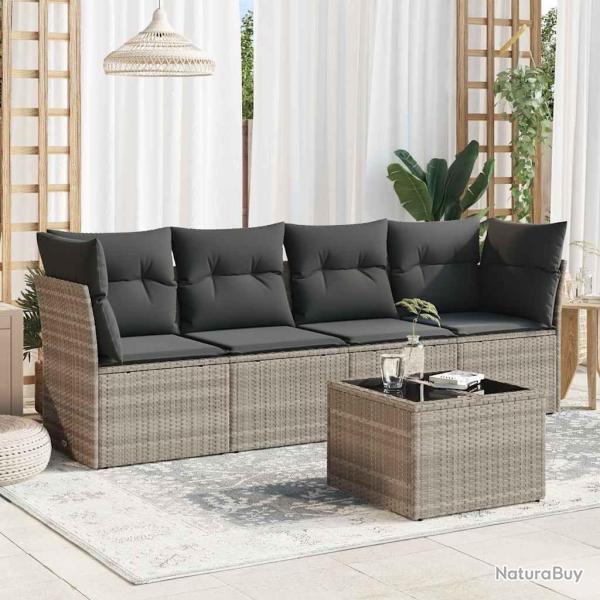 Salon de jardin 5 pcs avec coussins gris clair r�sine tress�e