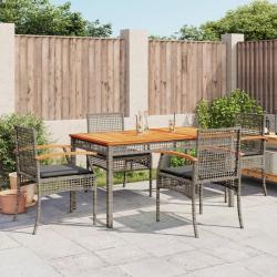 Ensemble &agrave; manger de jardin 5 pcs coussins gris r&eacute;sine tress&eacute;e