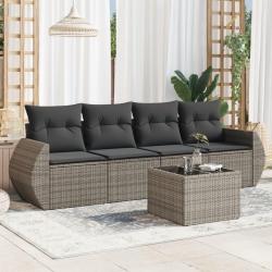 Salon de jardin 5 pcs avec coussins gris r&eacute;sine tress&eacute;e