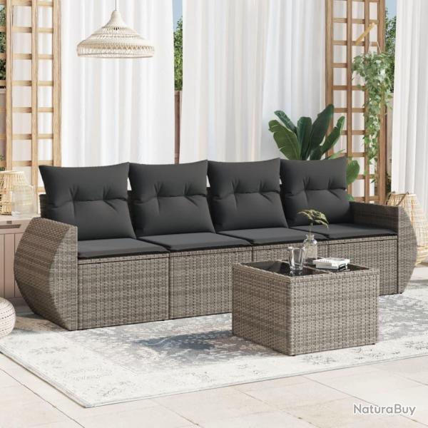 Salon de jardin 5 pcs avec coussins gris r�sine tress�e