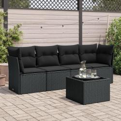 Salon de jardin 5 pcs avec coussins noir r&eacute;sine tress&eacute;e
