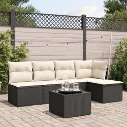 Salon de jardin 6 pcs avec coussins noir r&eacute;sine tress&eacute;e