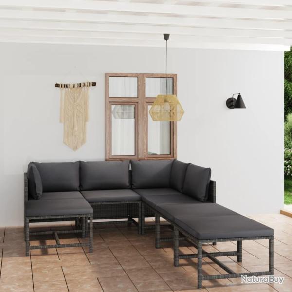 Salon de jardin 7 pcs avec coussins R�sine tress�e Gris