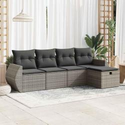 Salon de jardin 5 pcs avec coussins gris r&eacute;sine tress&eacute;e