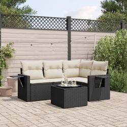 Salon de jardin 5 pcs avec coussins noir r&eacute;sine tress&eacute;e