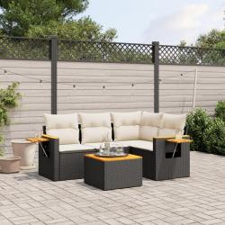 Salon de jardin 5 pcs avec coussins noir r&eacute;sine tress&eacute;e
