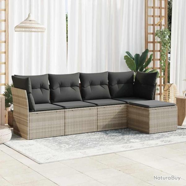 Salon de jardin 5 pcs avec coussins gris clair r�sine tress�e