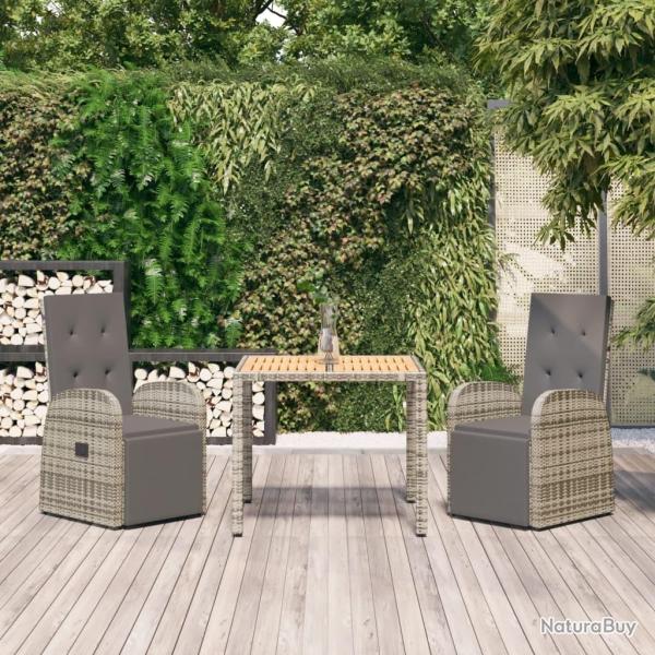 Ensemble � manger de jardin 3 pcs coussins gris r�sine tress�e alsavelo