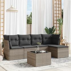 Salon de jardin 6 pcs avec coussins gris r&eacute;sine tress&eacute;e