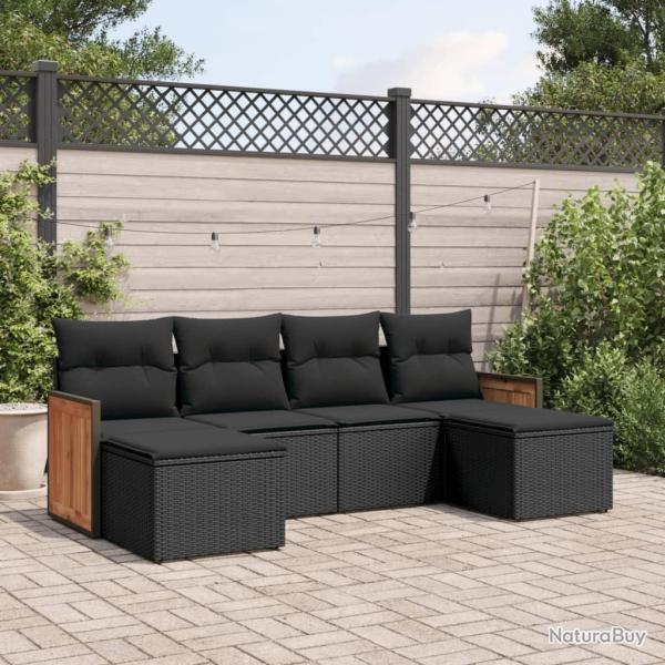 Salon de jardin 6 pcs avec coussins noir r�sine tress�e