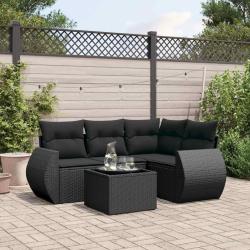Salon de jardin 5 pcs avec coussins noir r&eacute;sine tress&eacute;e