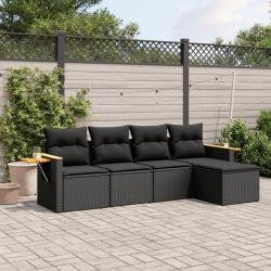 Salon de jardin 5 pcs avec coussins noir r&eacute;sine tress&eacute;e