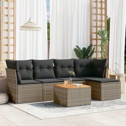 Salon de jardin 6 pcs avec coussins gris r&eacute;sine tress&eacute;e