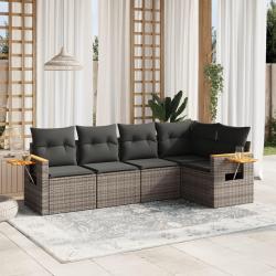 Salon de jardin 5 pcs avec coussins gris r&eacute;sine tress&eacute;e
