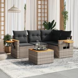 Salon de jardin 5 pcs avec coussins gris r&eacute;sine tress&eacute;e