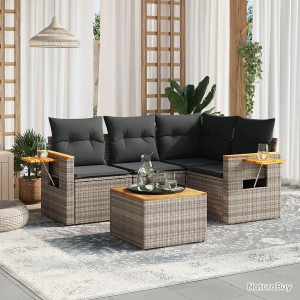 Salon de jardin 5 pcs avec coussins gris r�sine tress�e