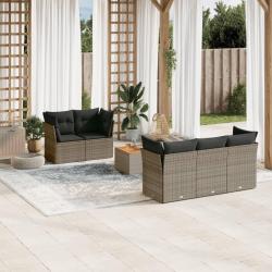 Salon de jardin 6 pcs avec coussins gris r&eacute;sine tress&eacute;e