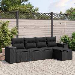Salon de jardin 5 pcs avec coussins noir r&eacute;sine tress&eacute;e alsavelo