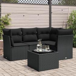 Salon de jardin 5 pcs avec coussins noir r&eacute;sine tress&eacute;e