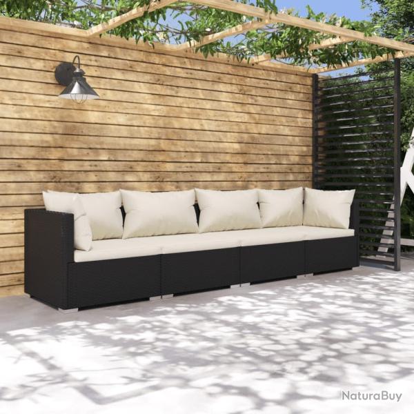 Salon de jardin 4 pcs avec coussins Rsine tresse Noir alsavelo