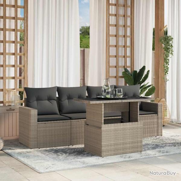 Salon de jardin 5 pcs avec coussins gris clair r�sine tress�e