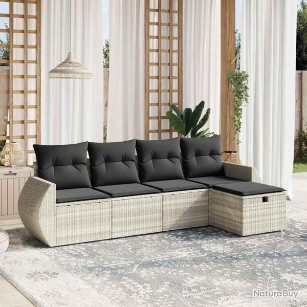 Salon de jardin 5 pcs avec coussins gris clair r�sine tress�e