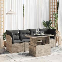 Salon de jardin 5 pcs avec coussins gris r&eacute;sine tress&eacute;e