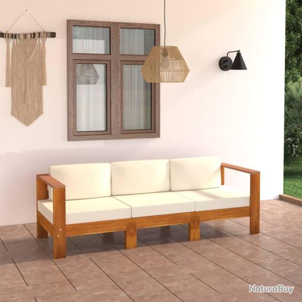 Canap� de jardin 3 places et coussins blanc cr�me Bois d'acacia