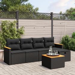Salon de jardin 6 pcs avec coussins noir r&eacute;sine tress&eacute;e
